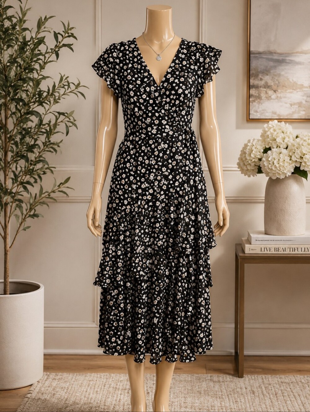 Black Floral Ruffle Wrap Dress